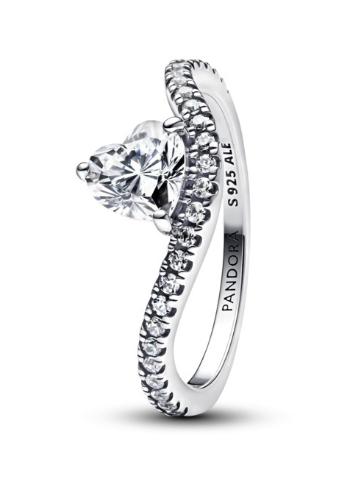 Pandora Strieborný vlnitý prsteň Srdce so zirkónmi Timeless 193661C01 60 mm