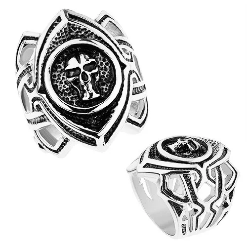 Masívny prsteň z chirurgickej ocele, patinované zrnko s lebkou, výrezy - Veľkosť: 68 mm