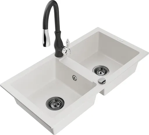 MEXEN/S MEXEN/S - Mario granitový drez 2-bowly vrátane batérie Savita, biela 6504-20-672601-70