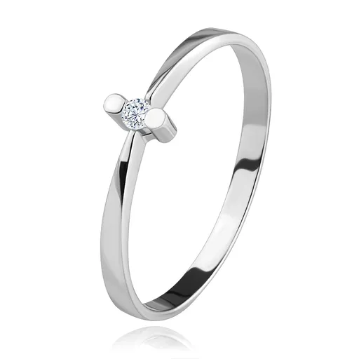 Prsteň z bieleho 14K zlata - ligotavý číry briliant v dvojcípom kotlíku, zúžené ramená - Veľkosť: 55 mm