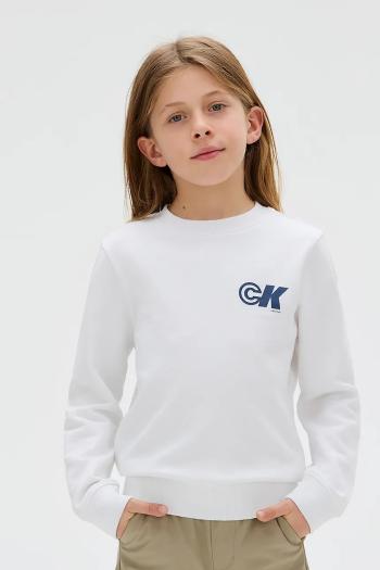 Detská bavlnená mikina Calvin Klein Jeans biela farba, s potlačou, IB0IB02545