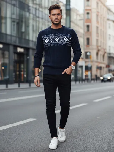 Pánsky tmavomodrý sveter so snehovými vločkami Dstreet WX2277