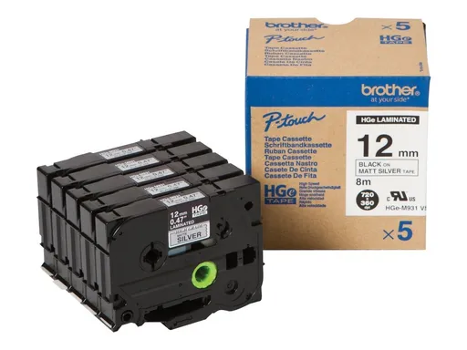 Brother HGE-M931V5, 12mm x 8m, čierna tlač / strieborný podklad, originálna páska, 5ks