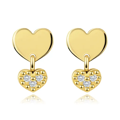 Zlaté náušnice 14K s dvoma srdciami a čírymi briliantmi