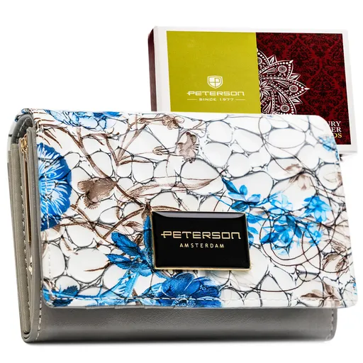 Modrá dámska peňaženka z prírodnej kože s kvetinovým vzorom – Peterson