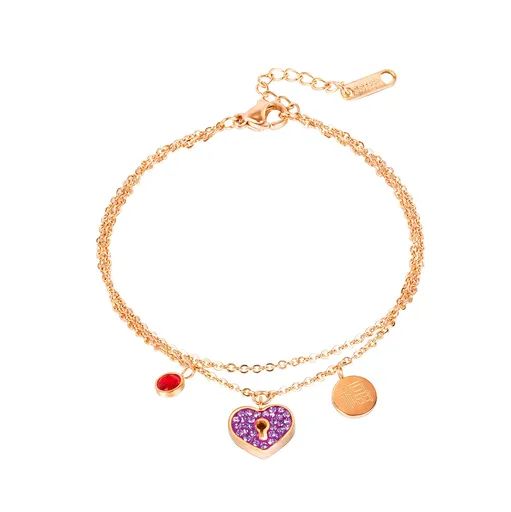 Oceľový náramok medenej farby - zdvojená retiazka, červený zirkón, fialové srdiečko, kruh