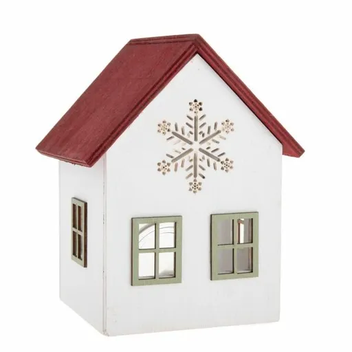 Drevený svietnik so skleneným domčekom so snehovouvločkou, 15 cm, červený