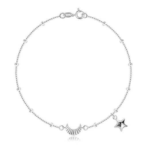 Strieborný 925 náramok - hviezda a vrúbkovaný mesiac, retiazka s guličkami
