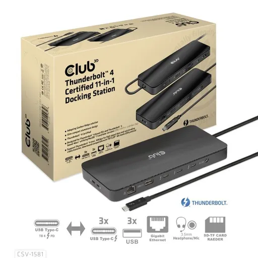 Club3D Dokovacia stanica USB-C 11v1, 2xDP, 3xUSB-C, 3xUSB, 1xRJ45, čítačka SD kariet, čierna