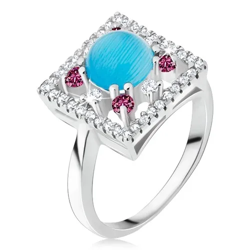 Prsteň - zirkónový štvorec, tyrkysový kamienok, zo striebra 925 - Veľkosť: 51 mm