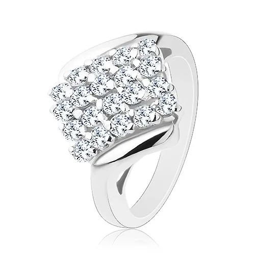 Lesklý prsteň striebornej farby, ligotavý štvorec posiaty farebnými zirkónmi - Veľkosť: 53 mm, Farba: Svetlooranžová