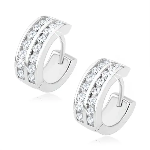 Náušnice zo striebra 925 - krúžky, dve línie čírych kamienkov, kĺbové zapínanie