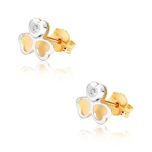 Náušnice z kombinovaného zlata 375 - dvojfarebný trojlístok, drobný zirkónik