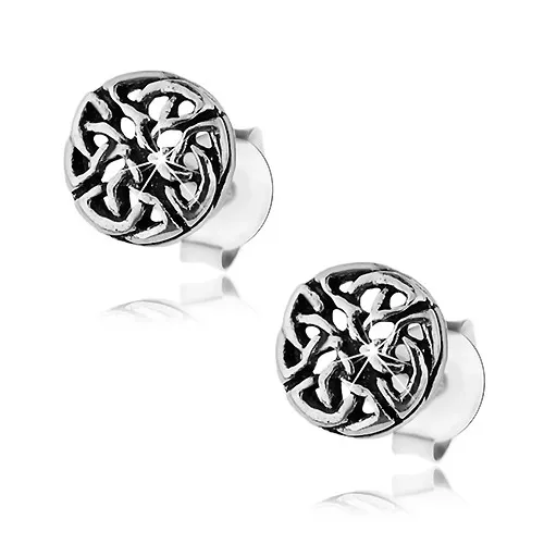 Strieborné 925 náušnice, patinovaný keltský uzol, puzetové zapínanie