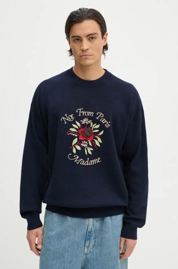 Vlnený sveter Drôle de Monsieur Le Maille Slogan Fleurs tmavomodrá farba, E.PO162.WO007.NY Le Maille Slogan Fleurs