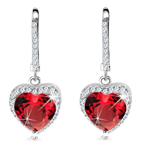 Strieborné náušnice 925 - červené zirkónové srdiečko s trblietavým lemom