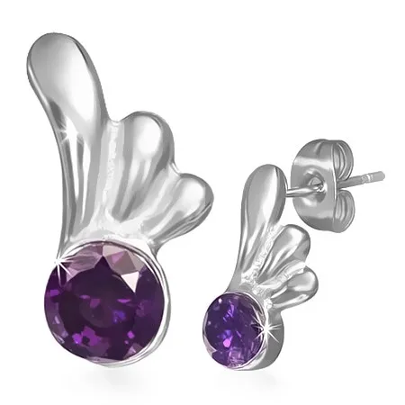 Oceľové náušnice - puzetky s fialovým očkom a krídlom anjela