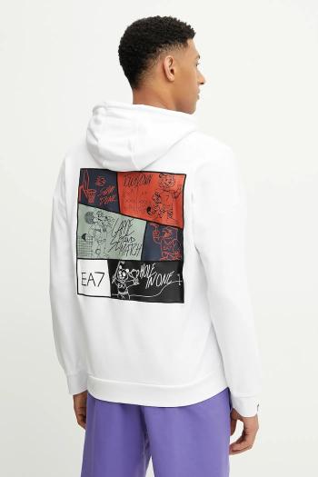 Bavlnená mikina EA7 Emporio Armani biela farba, s kapucňou, s potlačou, AF12451.7M000105