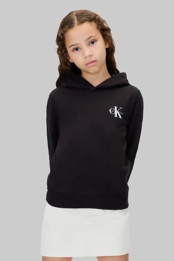 Detská bavlnená mikina Calvin Klein Jeans čierna farba, s kapucňou, s potlačou, IU0IU00712
