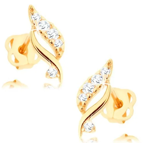 Náušnice zo žltého 14K zlata - trblietavý lístok s čírymi briliantmi