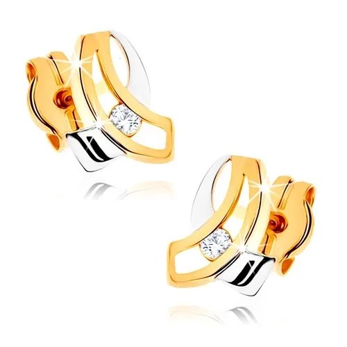 Zlaté náušnice 9K dvojfarebné línie so zirkónom