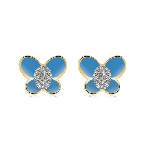 Zlaté náušnice 14K motýľ s modrou glazúrou a glitrovaným stredom