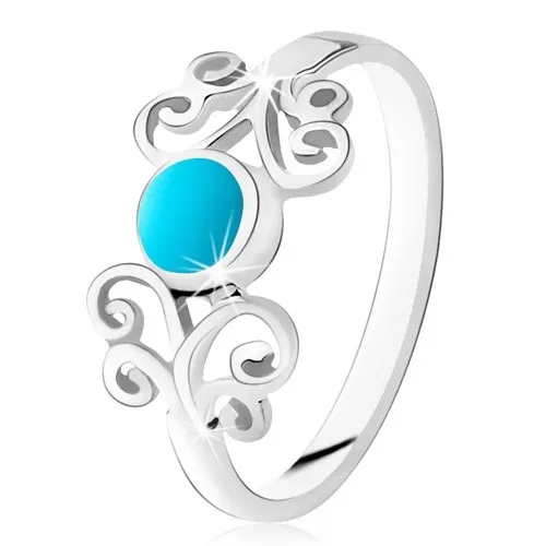 Strieborný prsteň 925, krúžok tyrkysovej farby, lesklé ornamenty, úzke ramená - Veľkosť: 64 mm
