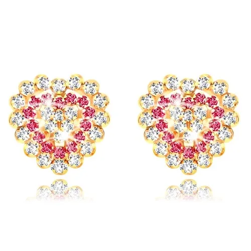 Náušnice zo žltého zlata 9K - ligotavé zirkónové srdce, číre a červenoružové zirkóny