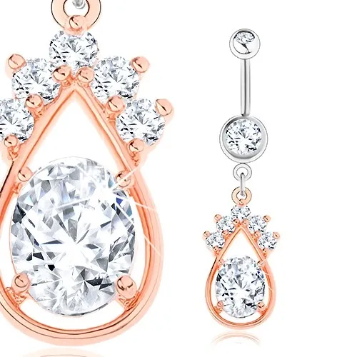 Piercing do bruška, oceľ 316L, strieborná a medená farba, kvapka, číre zirkóny