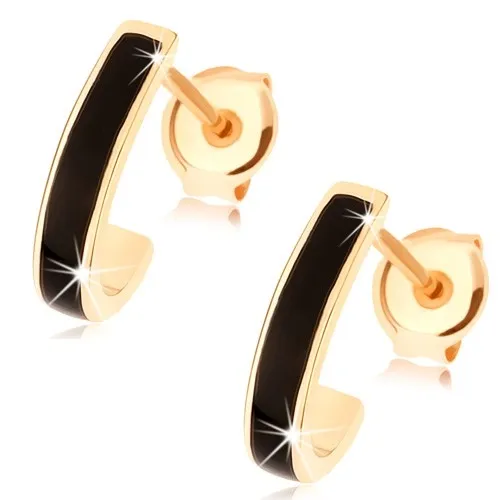 Zlaté náušnice 14K s asymetrickým oblúkom a čiernou glazúrou