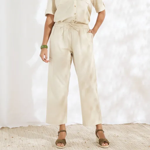 Široké 7/8 nohavice s vreckami, zo zmesi bavlny a ľanu