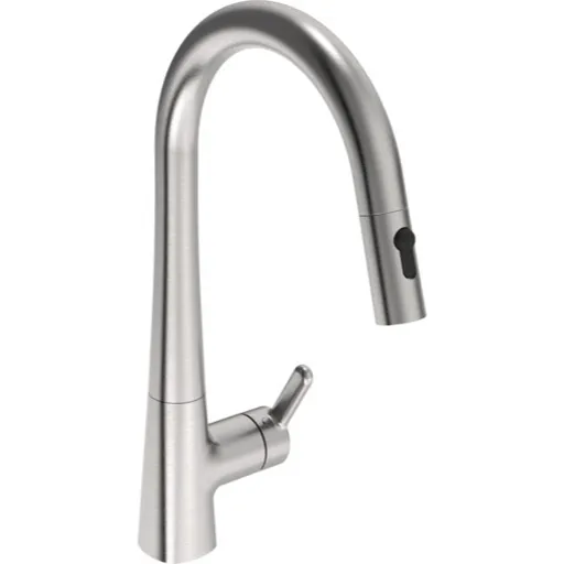 Hansa Designo drezová batéria s vyťahovacou spŕškou, 2 prúdy brúsená oceľ 5136228380