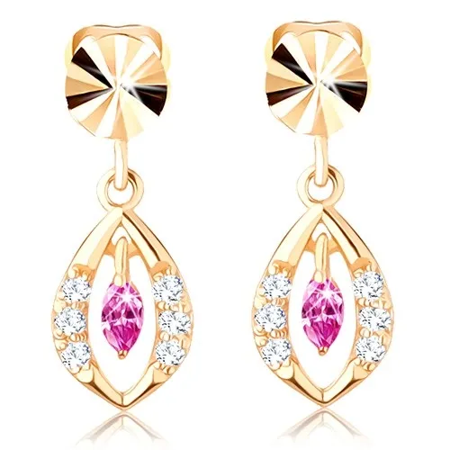 Zlaté náušnice 14K v tvare zrnka s ružovým a čírymi zirkónmi