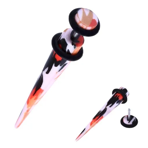 Falošný expander do ucha z akrylu - oranžovo-čierne škvrny