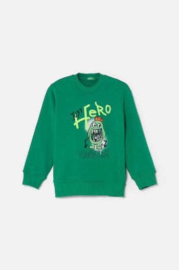 Detská bavlnená mikina United Colors of Benetton zelená farba, s potlačou, 3FWYG10FN
