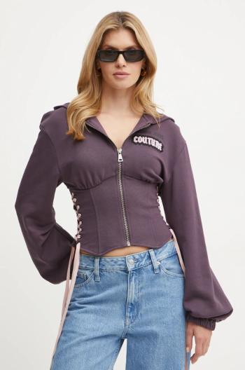 Bavlnená mikina Versace Jeans Couture dámska, fialová farba, s kapucňou, s potlačou, 77HAI304 F0010