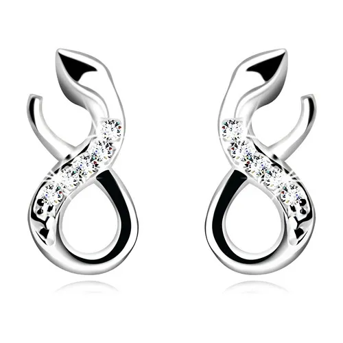 Puzetové náušnice z bieleho 9K zlata - zatočený hadík do tvaru osmičky so zirkónikmi