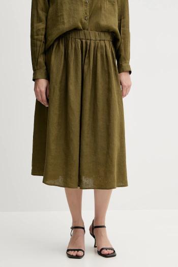 Ľanová sukňa Sisley zelená farba, midi, áčkový strih, 4AGHL002T