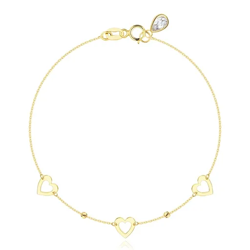 Náramok v žltom zlate 585 - ploché kontúry srdca, guličky so zárezmi, zirkón