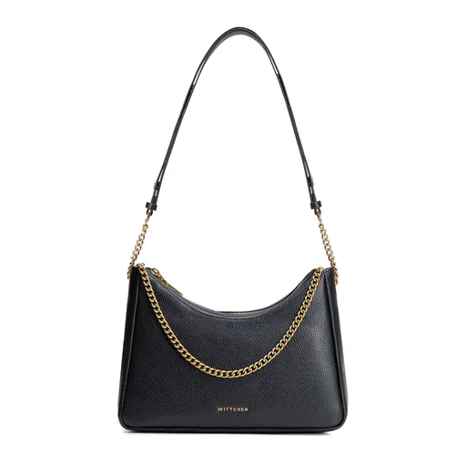 Dámska kožená kabelka typu bagetka čierno-zlatá 100-4E-606-1G