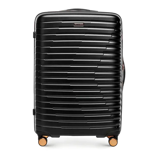 Veľký polykarbonátový kufor s čiernym a zlatým horizontálnym rebrovaním 56-3P-613-10G