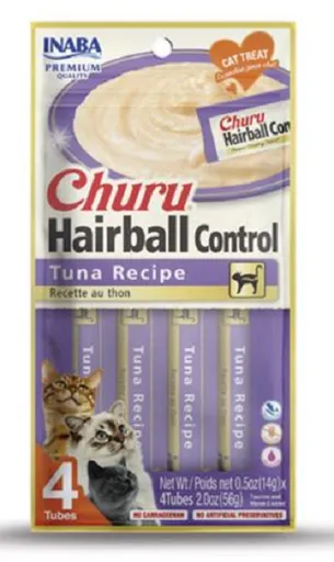Maškrta pre mačky Inaba Churu Hairball cat Tuniak 4tuby 56g