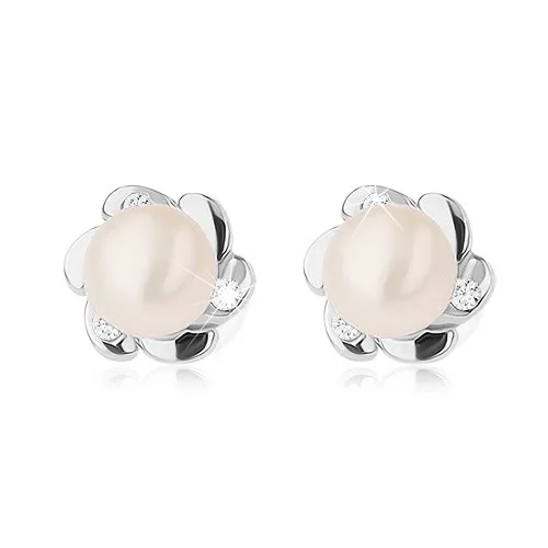 Strieborné 925 náušnice, kvietok s hladkými a zirkónovými lupeňmi, biela perla