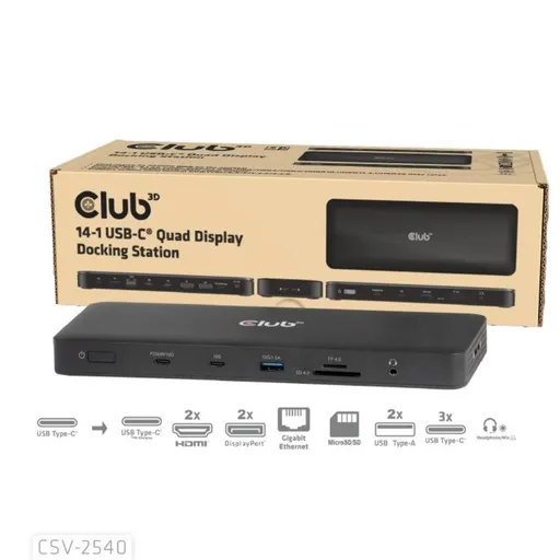 Club3D Dokovacia stanica USB-C 14v1, 2xHDMI, 2xDP, 3xUSB-C, 1xUSB-C PD, 2xUSB, 1xRJ45, 1x3.5mm, microSD/SD, čierna