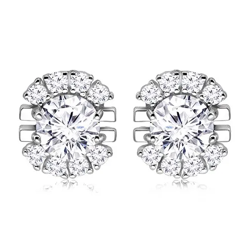 Ródiované puzetové náušnice zo striebra 925 - motív kvetu s nepravidelnými lupeňmi, okrúhly zirkón