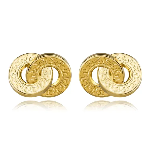 Náušnice zo žltého 14K zlata - dva prepletené kruhy s ozdobným ryhovaním