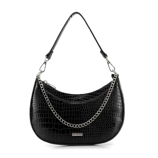 Damska torebka bagietka z łańcuszkiem croco czarno - srebrna 29-4Y-605-1S