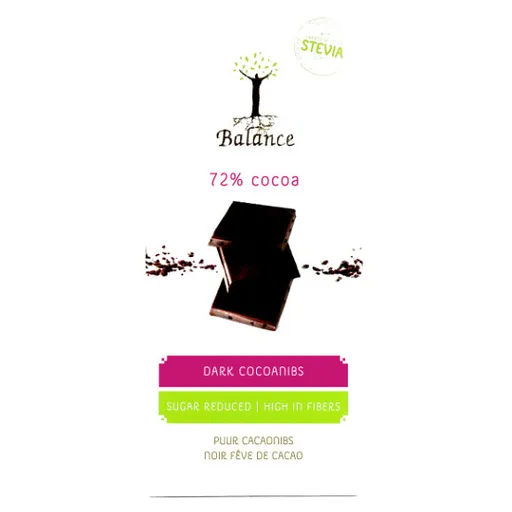 BALANCE Horká čokoláda 72 % s kakaovými zrnami a stéviou bez pridaného cukru 85 g