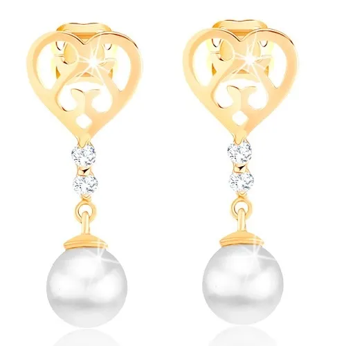 Náušnice zo zlata 585 - srdce s vyrezávanými ornamentmi, briliantmi a perlou