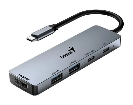 Genius UH-500 Dokovacia stanica, USB-C, 1× HDMI, 2× USB 3.0, 2× USB-C, Power Delivery 100W, 15cm, šedá